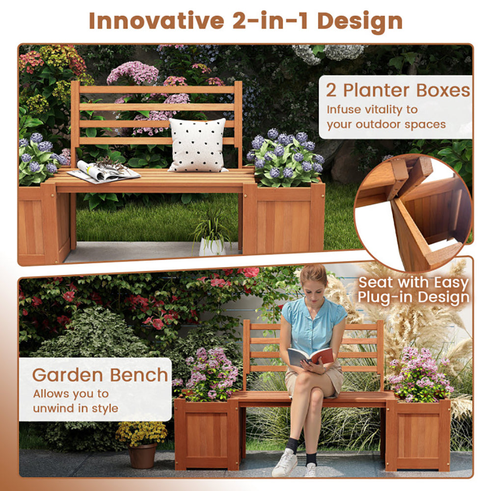 Outdoor Wooden Bench with Planter Boxes – 2-in-1 Hardwood Garden Bench, 330 lb Capacity