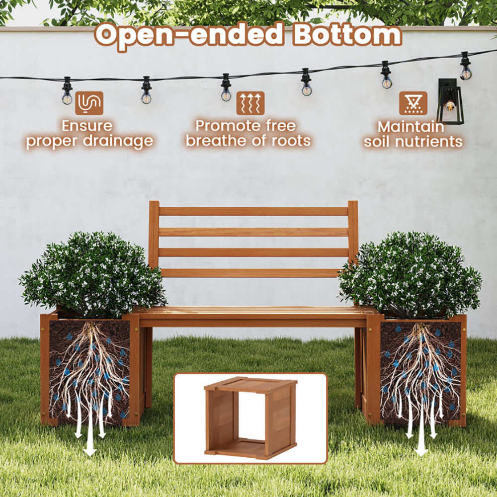 Outdoor Wooden Bench with Planter Boxes – 2-in-1 Hardwood Garden Bench, 330 lb Capacity