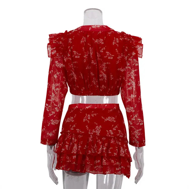 Round Neck Long-sleeved Cropped Top And Printed Skirt Two-piece Set Smart Desion
