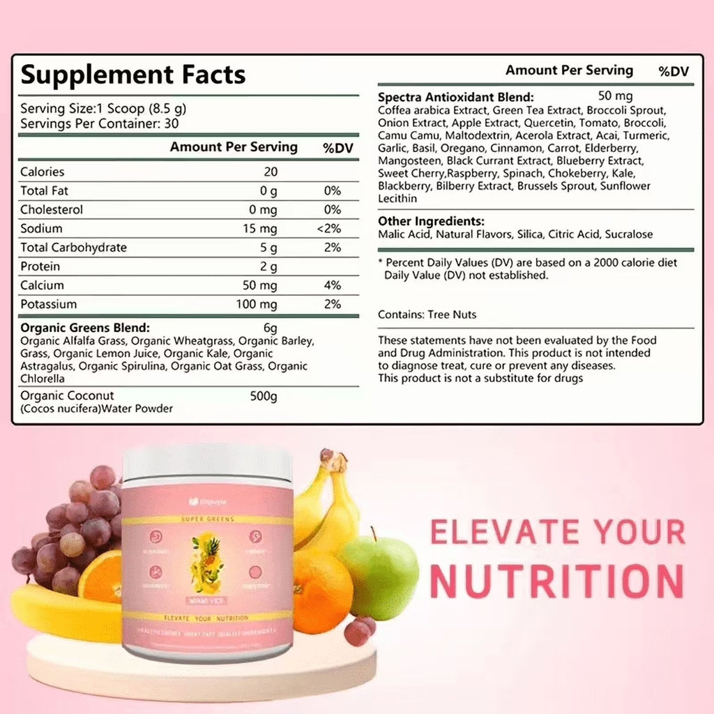 Super Greens Powder – Miami Vice Flavor, 255g, Energy, Digestion & Immunity Support