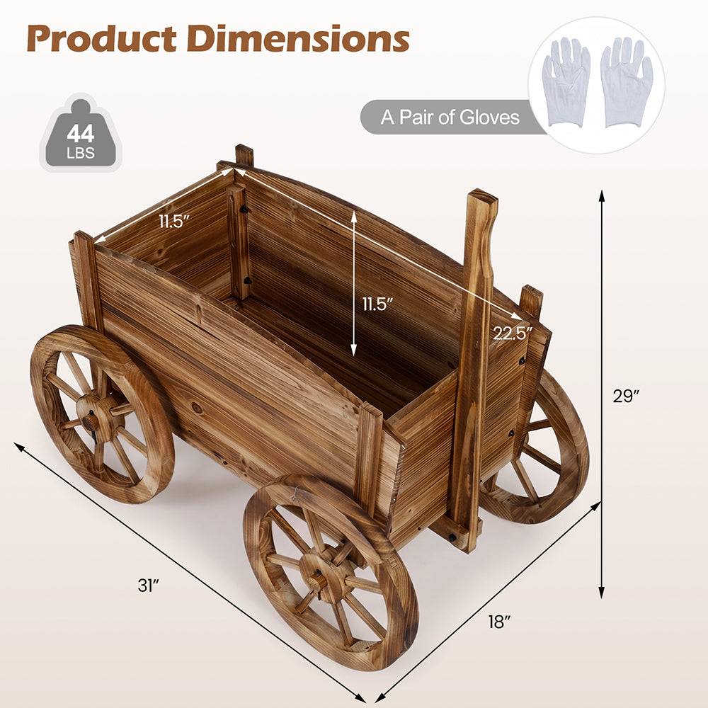 Rustic Rolling Flower Pot Stand – Fir Wood Wagon Planter with Wheels, Drainage & Handle