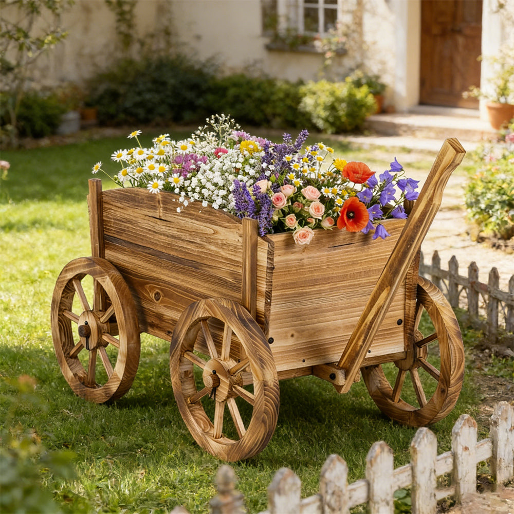 Rustic Rolling Flower Pot Stand – Fir Wood Wagon Planter with Wheels, Drainage & Handle