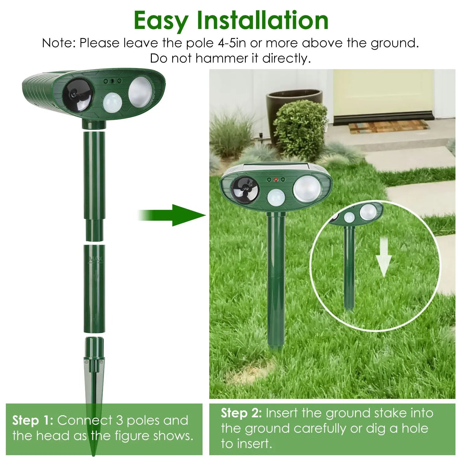 1Pc Solar Ultrasonic Animal Repeller PIR Sensor Animal Repellent Chaser With Flashing Light IPX4 Waterproof For Chasing Deer Raccoon Squirrel Rat Skunk Rabbit Mole Dog Cat Snake Smart Desion