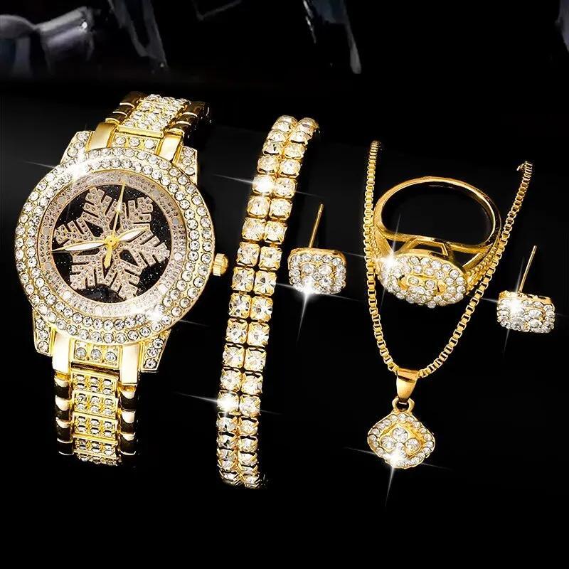 Rhinestone Jewelry 5-Piece Set – Snowflake Watch, Necklace, Bracelet, Ring & Earrings