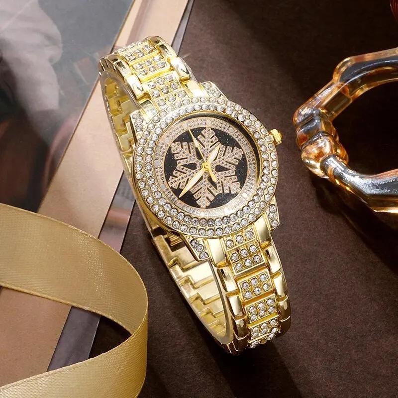 Rhinestone Jewelry 5-Piece Set – Snowflake Watch, Necklace, Bracelet, Ring & Earrings