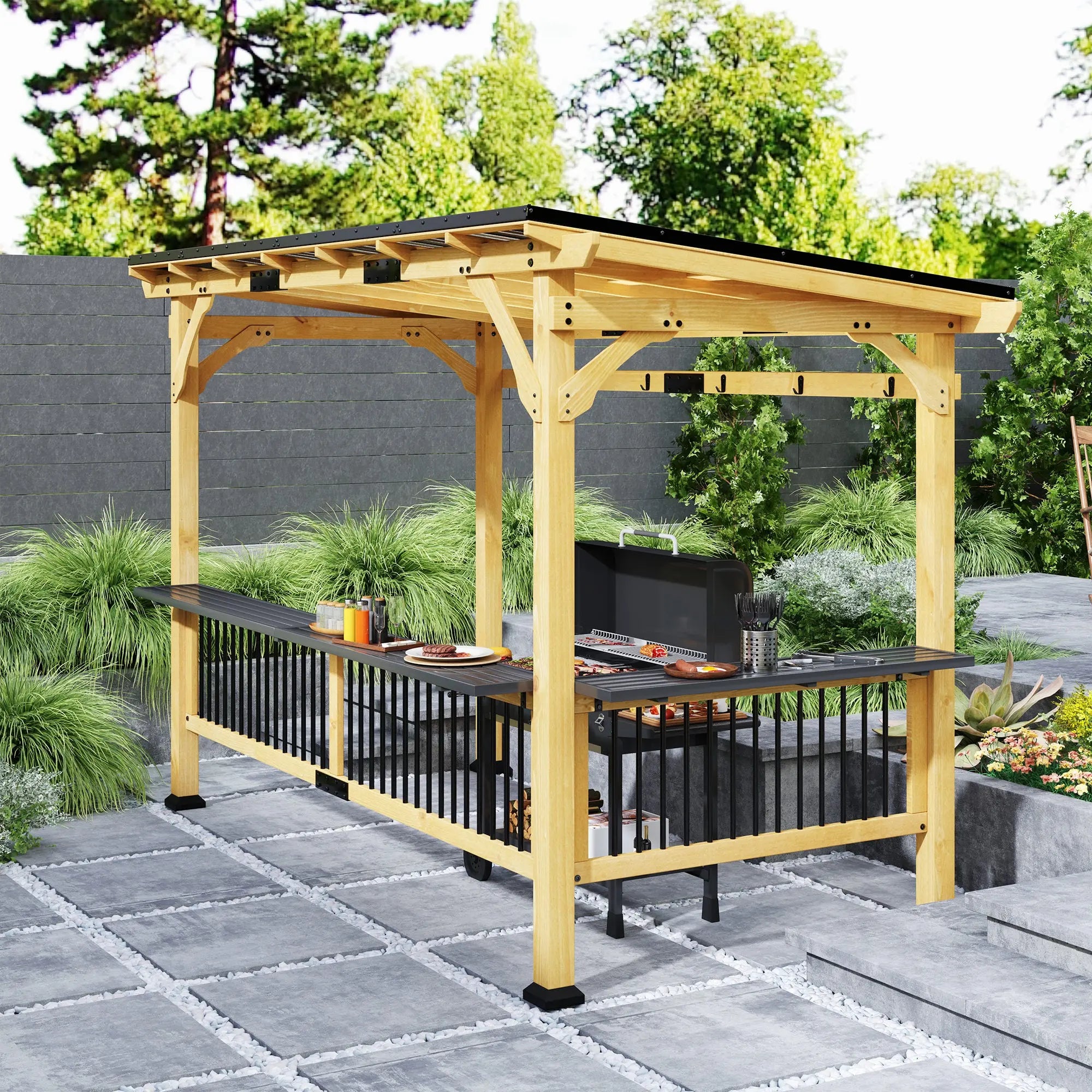 13 X 6 Wooden BBQ Grill Gazebo, Outdoor Hardtop Grill Gazebo With Metal Roof, 2 Bar Shelves And 6 Hooks, Natural Smart Desion