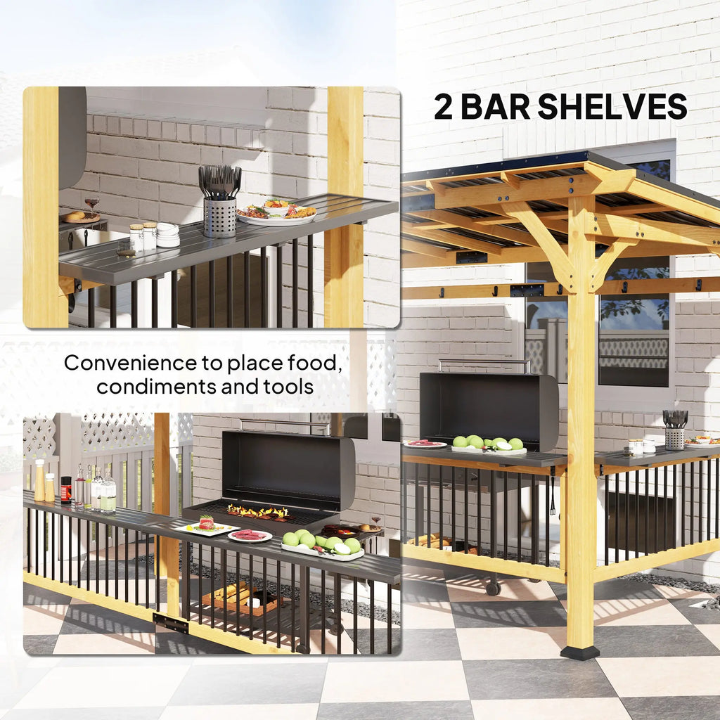 13 X 6 Wooden BBQ Grill Gazebo, Outdoor Hardtop Grill Gazebo With Metal Roof, 2 Bar Shelves And 6 Hooks, Natural Smart Desion