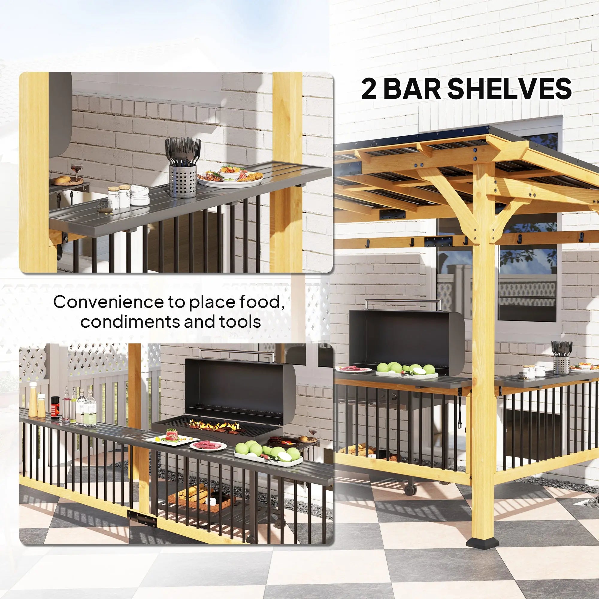 13 X 6 Wooden BBQ Grill Gazebo, Outdoor Hardtop Grill Gazebo With Metal Roof, 2 Bar Shelves And 6 Hooks, Natural Smart Desion
