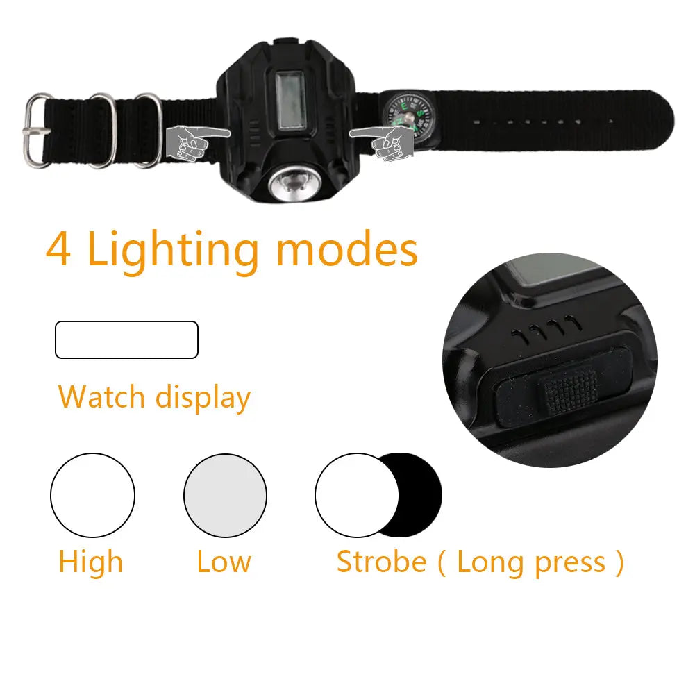 LED watch flashlight flashlight portable light USB charging 4 mode light tactical flashlight time display with compass Smart Desion