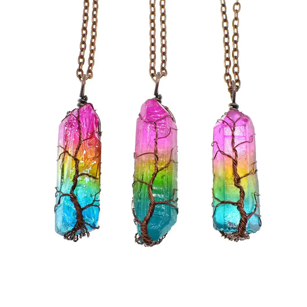 Hot Selling Stone Crystal Pillar Tree Of Life Pendant Ins Fashion Necklace Smart Desion