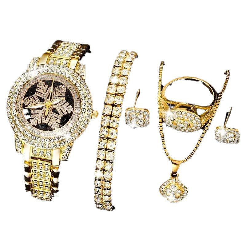 Rhinestone Jewelry 5-Piece Set – Snowflake Watch, Necklace, Bracelet, Ring & Earrings