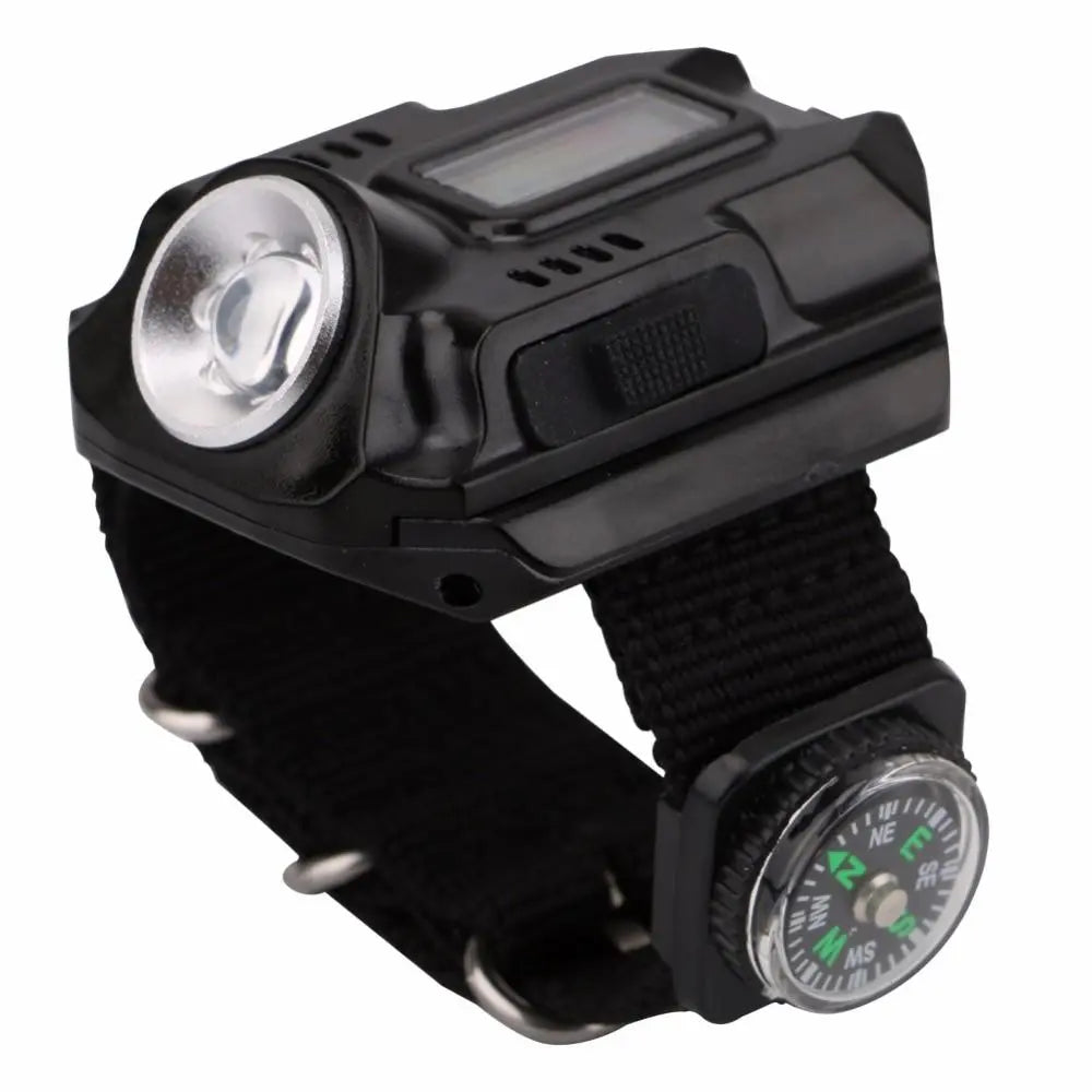 LED watch flashlight flashlight portable light USB charging 4 mode light tactical flashlight time display with compass Smart Desion