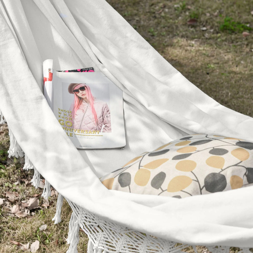 Extra Large Boho Hammock with Macrame Tassel Fringe, Includes Carrying Bag, Indoor Outdoor Tree Hammock for Porch, Backyard, Camping, White Smart Desion