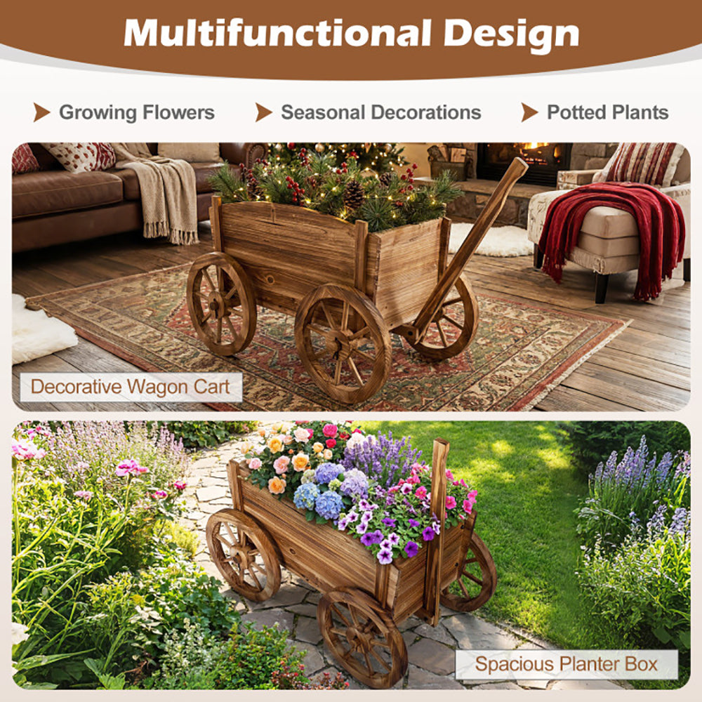 Rustic Rolling Flower Pot Stand – Fir Wood Wagon Planter with Wheels, Drainage & Handle
