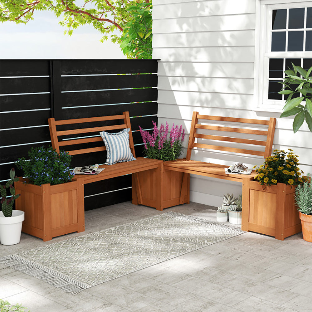 Outdoor Wooden Bench with Planter Boxes – 2-in-1 Hardwood Garden Bench, 330 lb Capacity