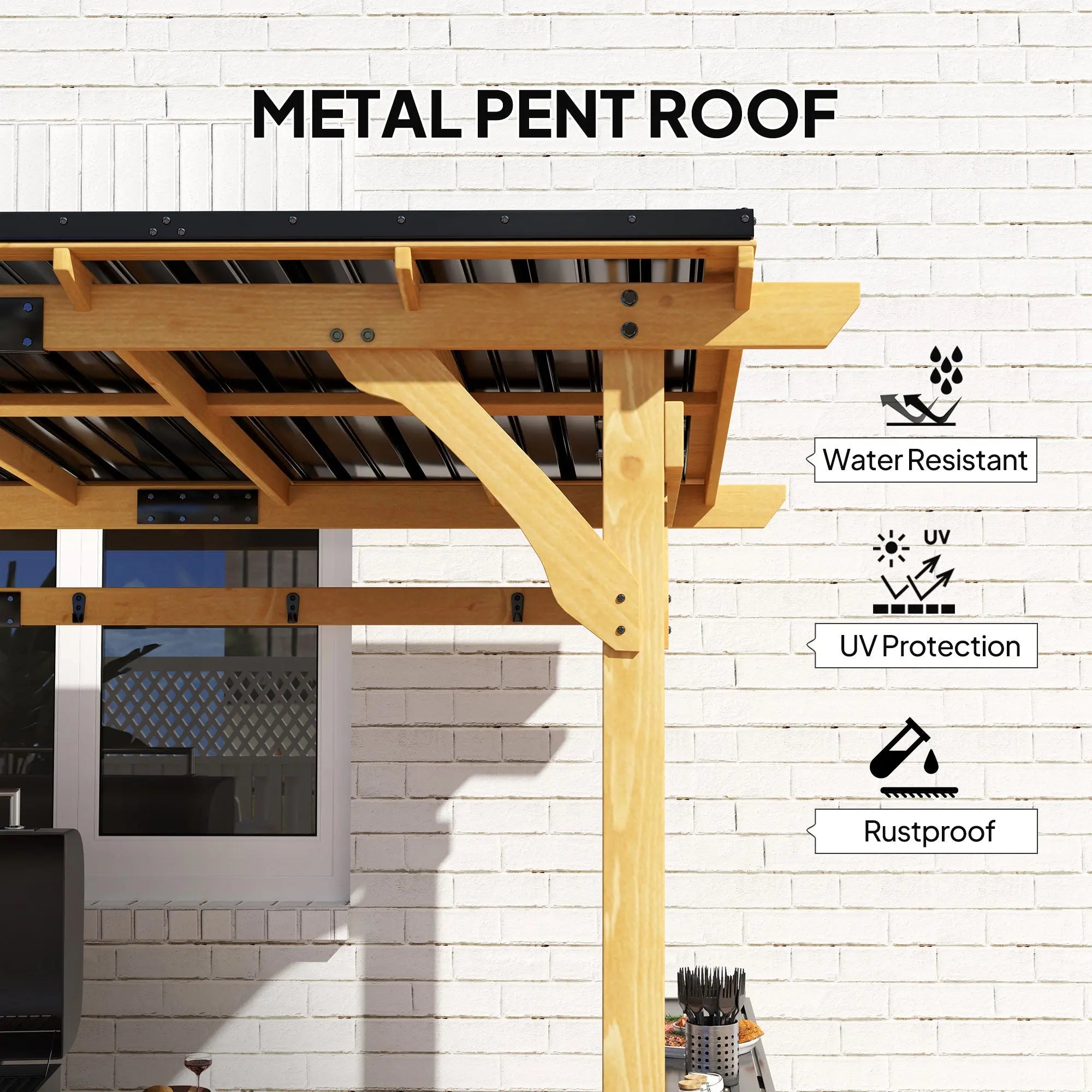 13 X 6 Wooden BBQ Grill Gazebo, Outdoor Hardtop Grill Gazebo With Metal Roof, 2 Bar Shelves And 6 Hooks, Natural Smart Desion