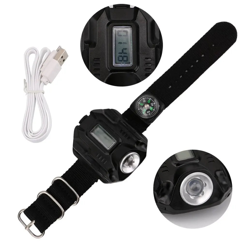 LED watch flashlight flashlight portable light USB charging 4 mode light tactical flashlight time display with compass Smart Desion