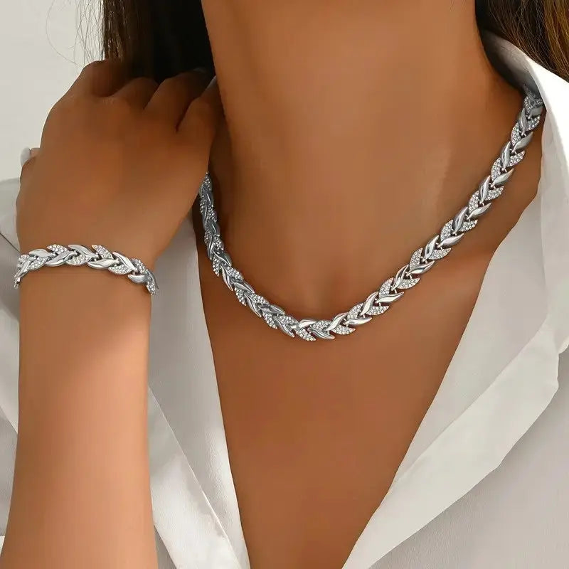 2PCS Glass Leaf Necklace Set Elegant Rhinestone Chain Necklace Bracelet For Women Fashion Luxury Jewelry Set Smart Desion