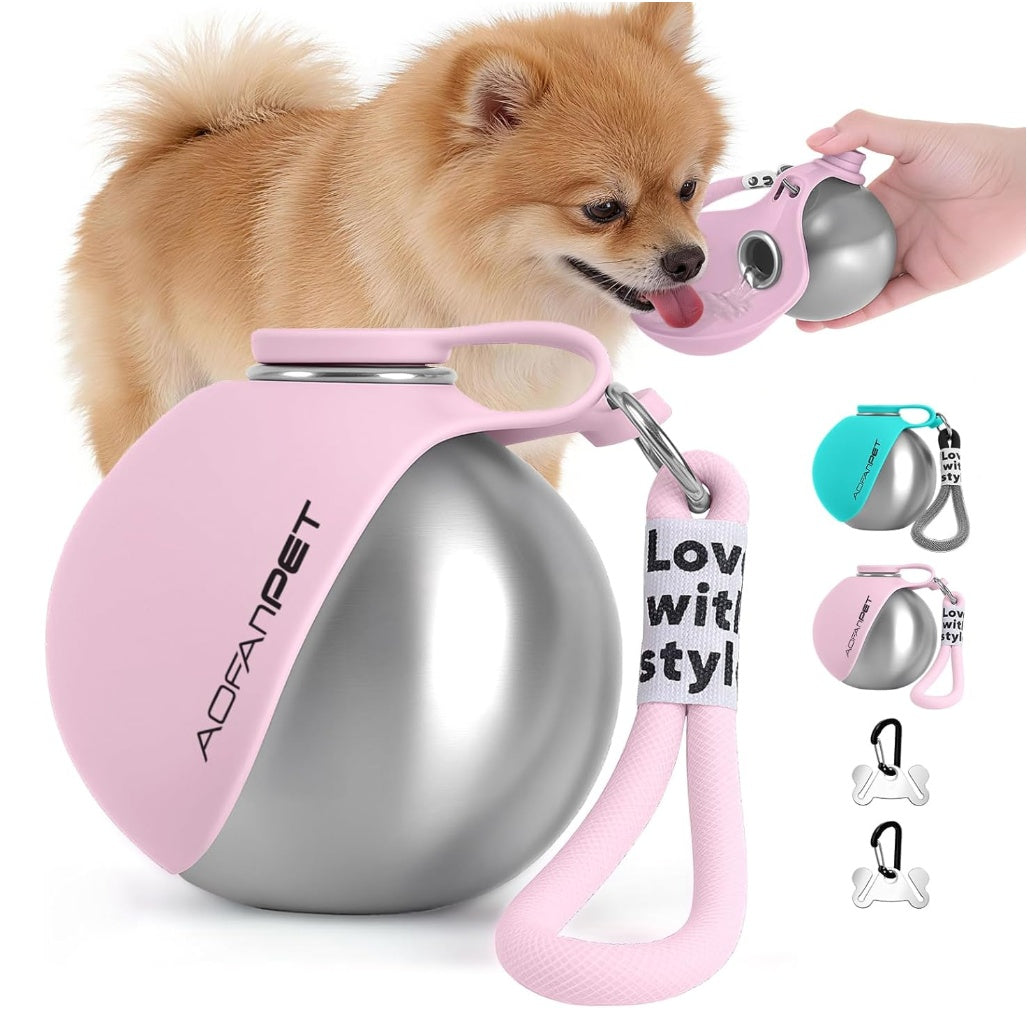 Portable Dog Water Bottle – Stainless Steel, Built-In Bowl, Waste Bag Dispenser, Leak-Proof
