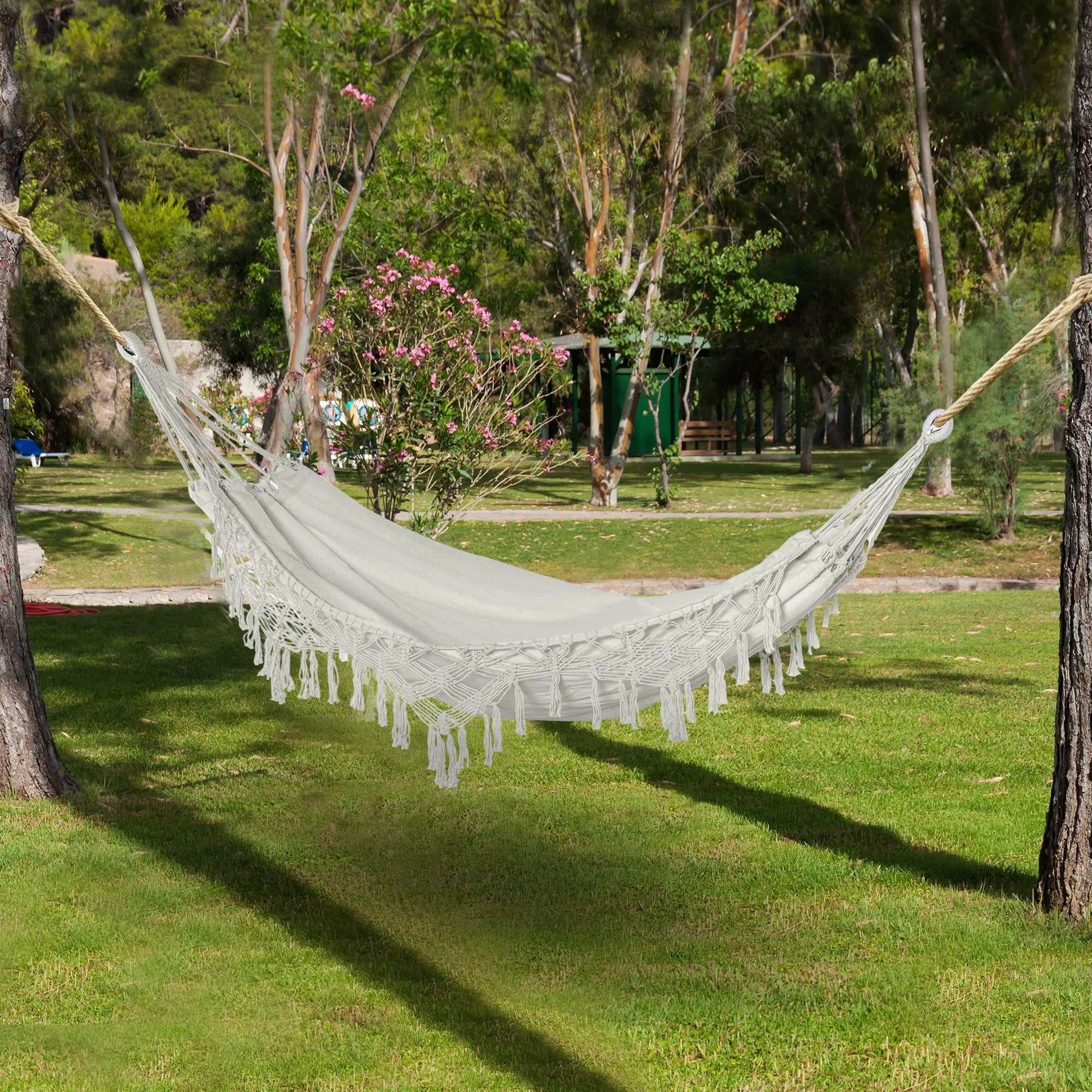 Extra Large Boho Hammock with Macrame Tassel Fringe, Includes Carrying Bag, Indoor Outdoor Tree Hammock for Porch, Backyard, Camping, White Smart Desion