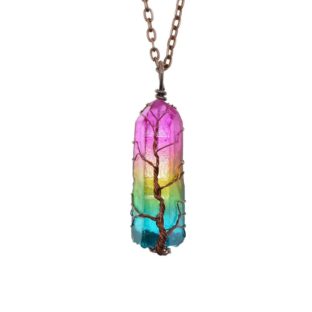 Hot Selling Stone Crystal Pillar Tree Of Life Pendant Ins Fashion Necklace Smart Desion