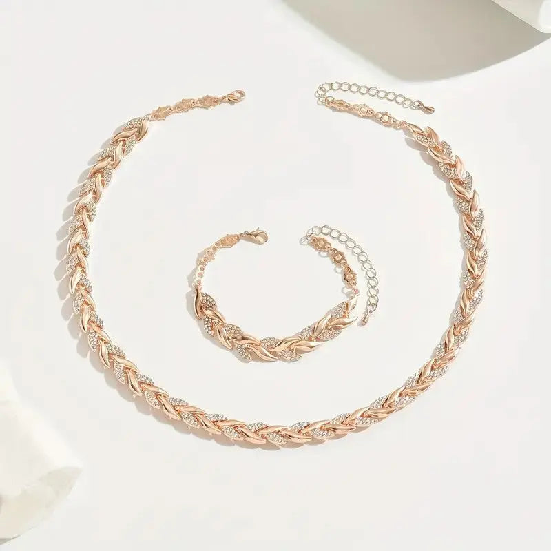 2PCS Glass Leaf Necklace Set Elegant Rhinestone Chain Necklace Bracelet For Women Fashion Luxury Jewelry Set Smart Desion