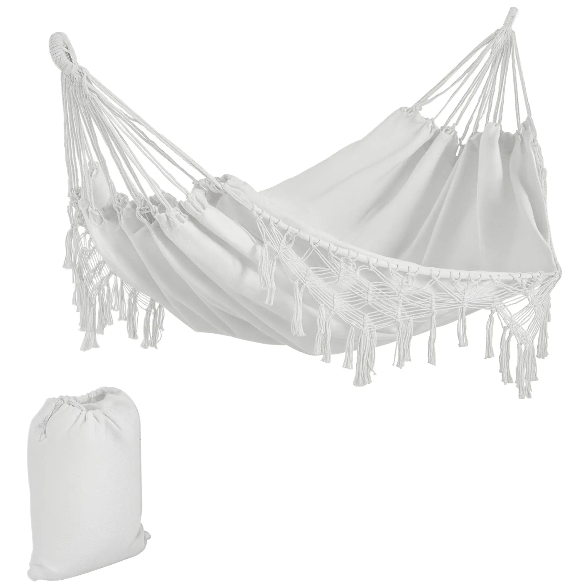 Extra Large Boho Hammock with Macrame Tassel Fringe, Includes Carrying Bag, Indoor Outdoor Tree Hammock for Porch, Backyard, Camping, White Smart Desion