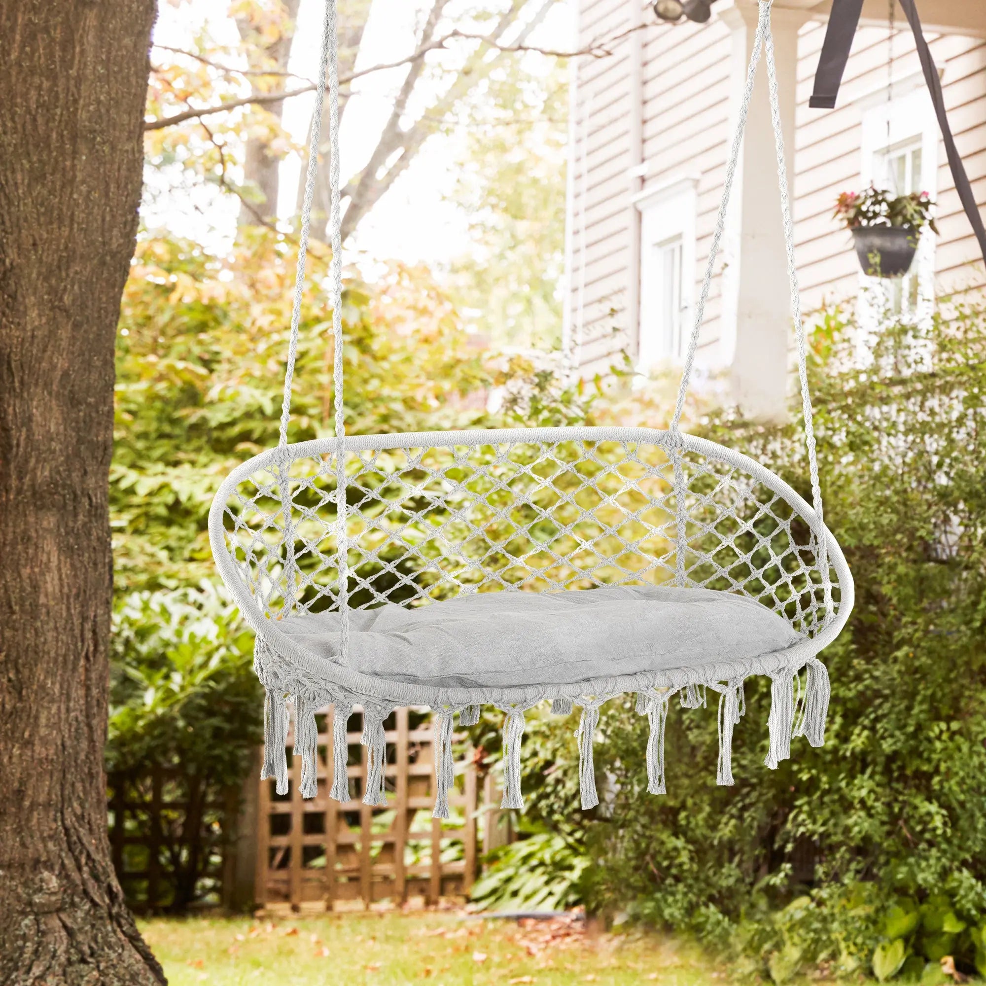 2-Person Hammock Chair Macrame Swing with Soft Cushion, Hanging Cotton Rope Chair for Indoor Outdoor Home Patio Backyard, Light Gray Smart Desion