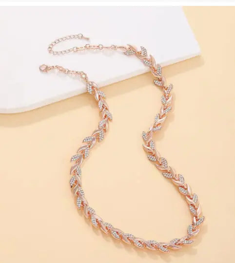 2PCS Glass Leaf Necklace Set Elegant Rhinestone Chain Necklace Bracelet For Women Fashion Luxury Jewelry Set Smart Desion