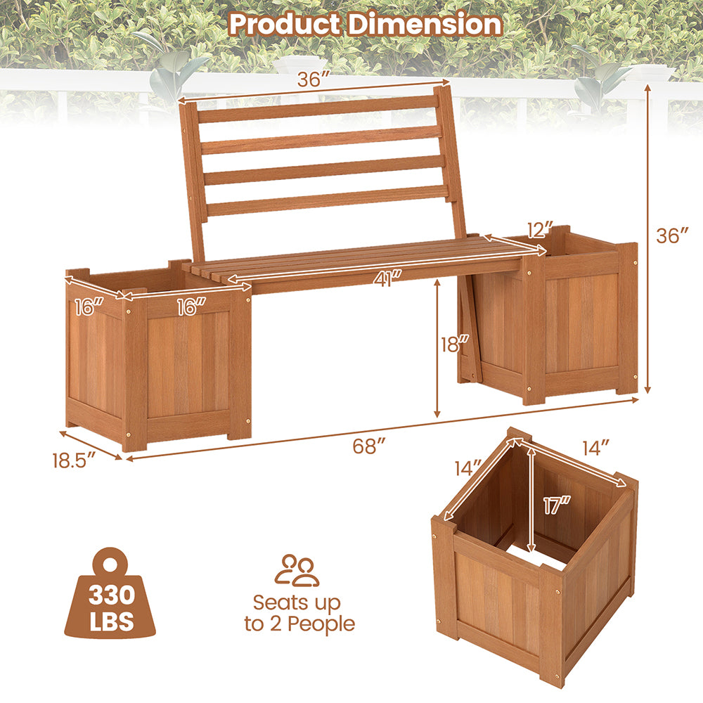 Outdoor Wooden Bench with Planter Boxes – 2-in-1 Hardwood Garden Bench, 330 lb Capacity
