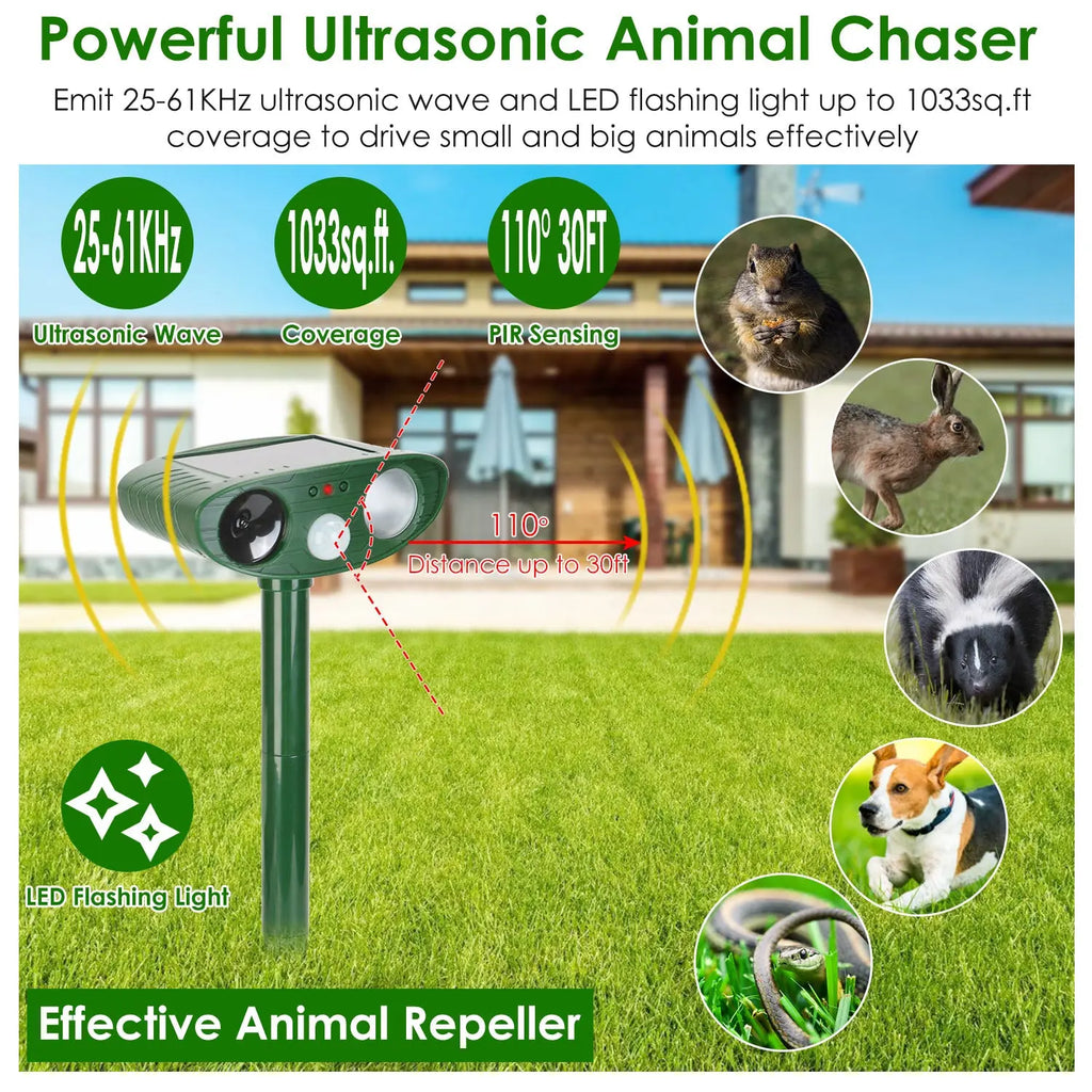 1Pc Solar Ultrasonic Animal Repeller PIR Sensor Animal Repellent Chaser With Flashing Light IPX4 Waterproof For Chasing Deer Raccoon Squirrel Rat Skunk Rabbit Mole Dog Cat Snake Smart Desion