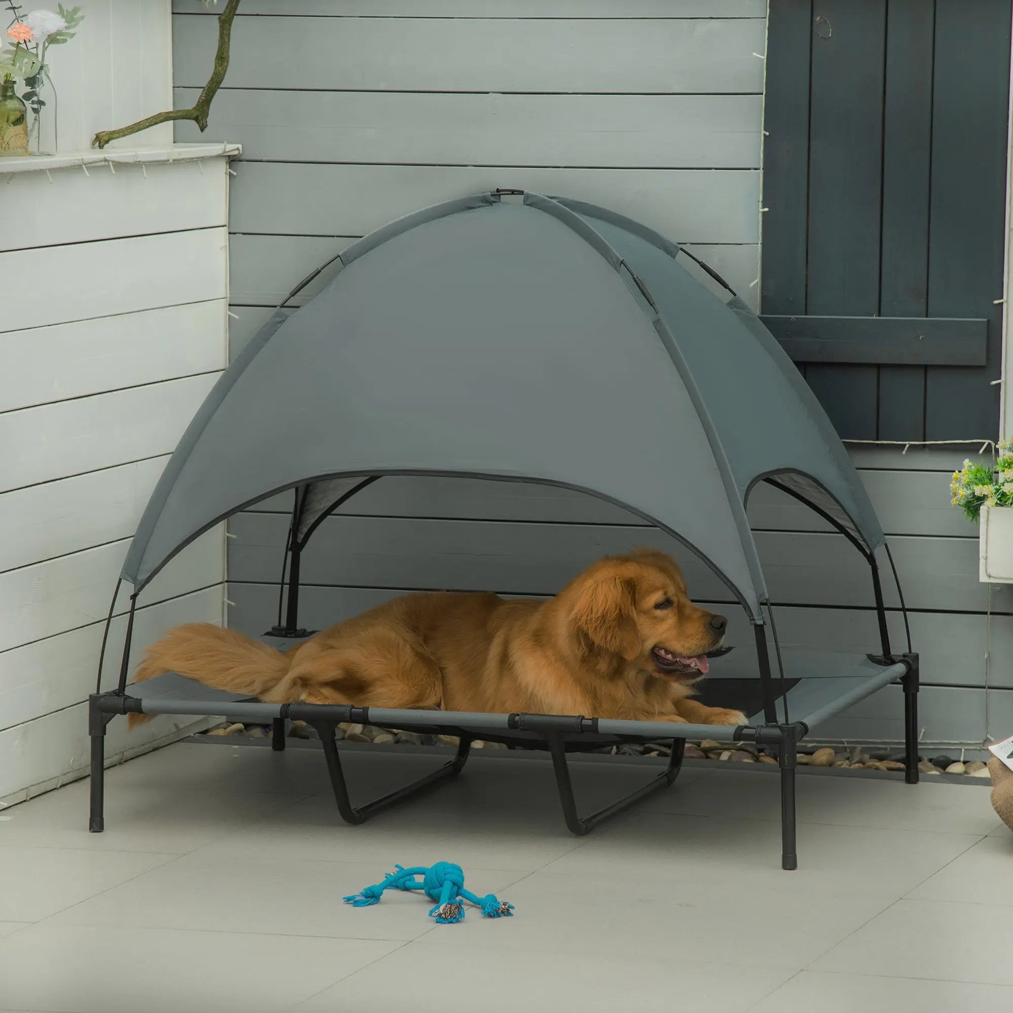 48" X 36" Elevated Portable Dog Cot Cooling Pet Bed With UV Protection Canopy Shade Smart Desion