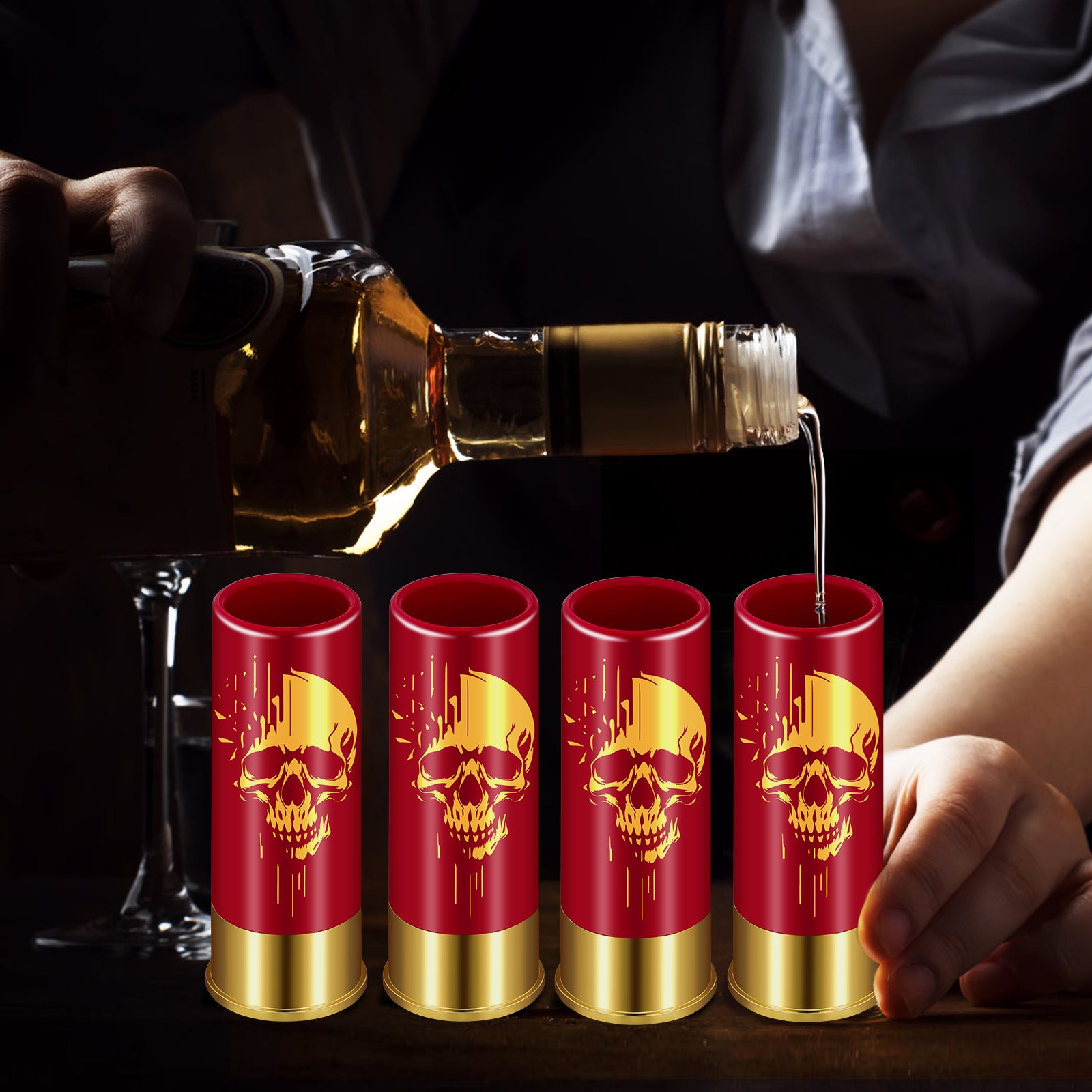 Skull Shot Glasses Set of 4 – 1.5oz Reusable Plastic Bullet Cups for Parties & Bars