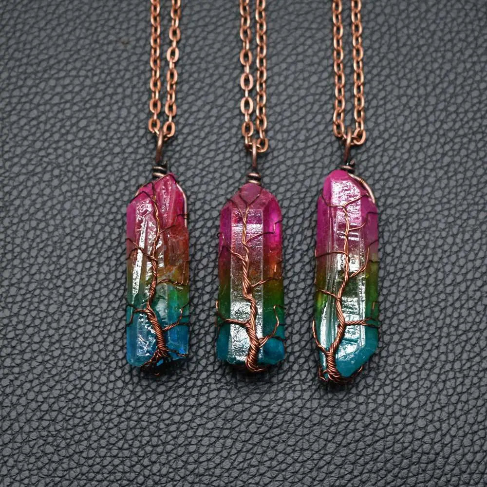 Hot Selling Stone Crystal Pillar Tree Of Life Pendant Ins Fashion Necklace Smart Desion