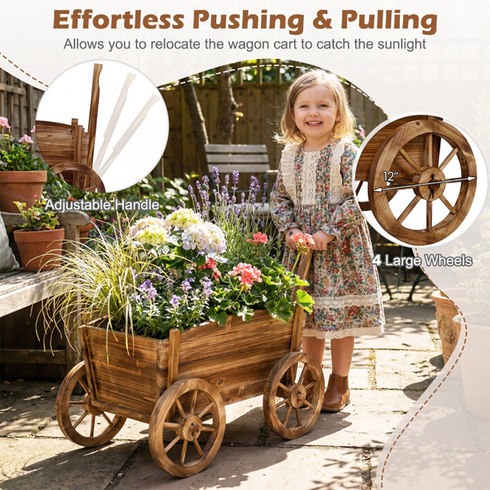 Rustic Rolling Flower Pot Stand – Fir Wood Wagon Planter with Wheels, Drainage & Handle