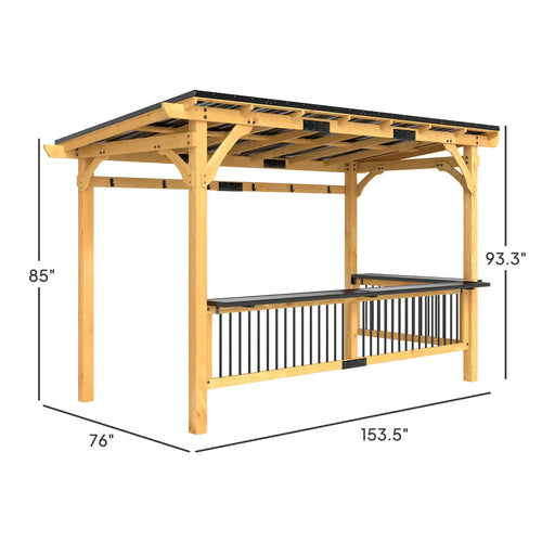 13 X 6 Wooden BBQ Grill Gazebo, Outdoor Hardtop Grill Gazebo With Metal Roof, 2 Bar Shelves And 6 Hooks, Natural Smart Desion
