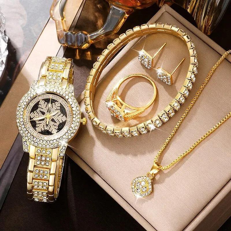 Rhinestone Jewelry 5-Piece Set – Snowflake Watch, Necklace, Bracelet, Ring & Earrings