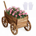 Rustic Rolling Flower Pot Stand – Fir Wood Wagon Planter with Wheels, Drainage & Handle