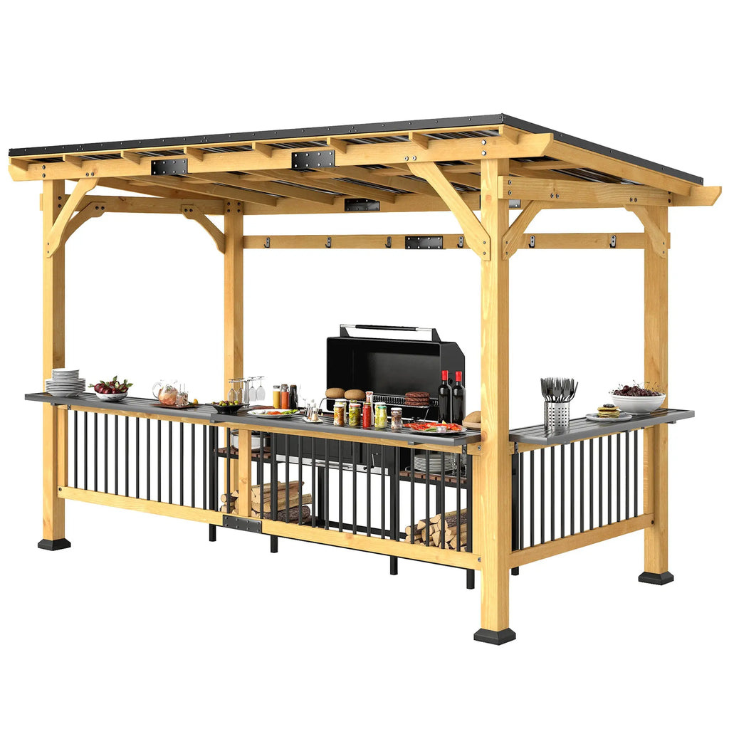 13 X 6 Wooden BBQ Grill Gazebo, Outdoor Hardtop Grill Gazebo With Metal Roof, 2 Bar Shelves And 6 Hooks, Natural Smart Desion