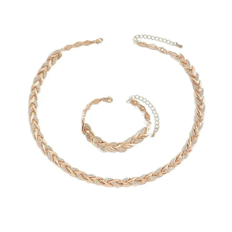 2PCS Glass Leaf Necklace Set Elegant Rhinestone Chain Necklace Bracelet For Women Fashion Luxury Jewelry Set Smart Desion