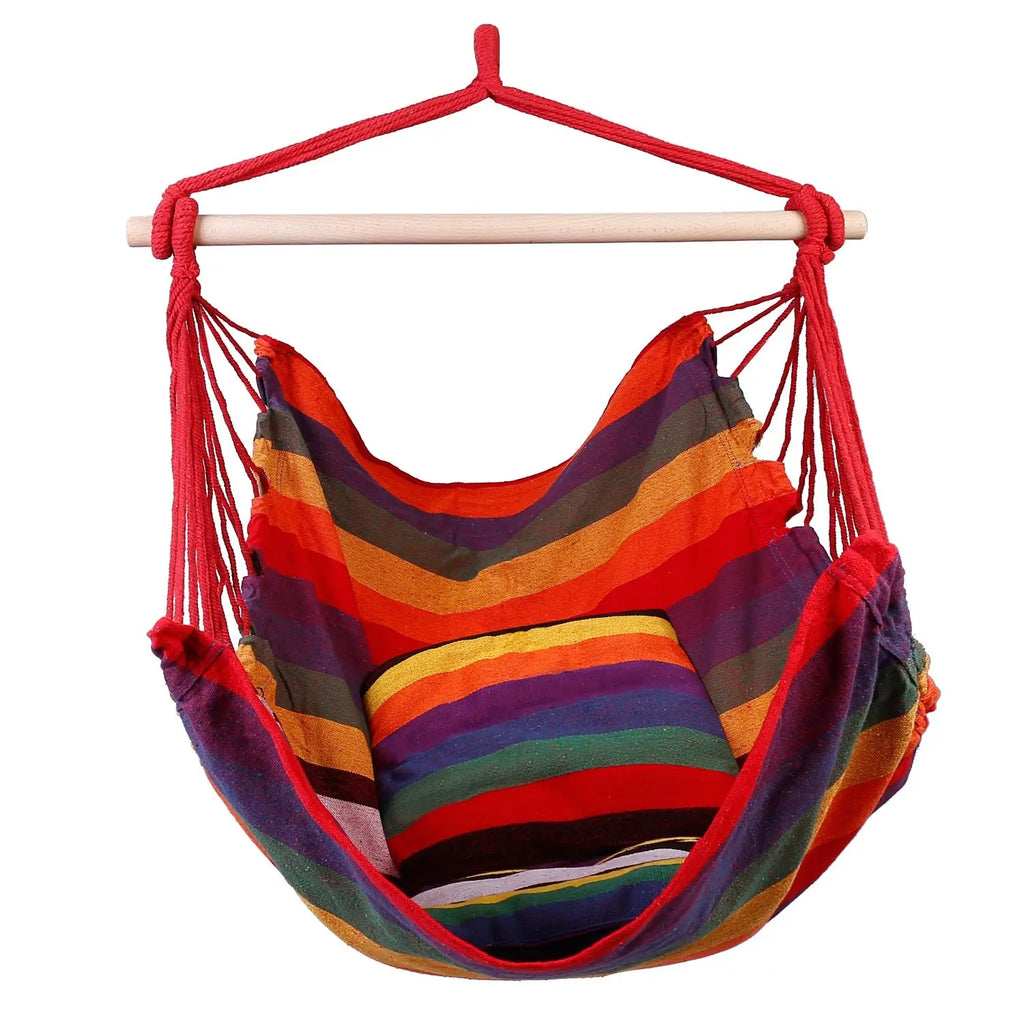 1Pc Hammock Hanging Chair Canvas Porch Patio Swing Seat Portable Camping Rope Seat Wooden Stick Hammock Chair With 2 Pillows 265LBS Load-bearing Smart Desion