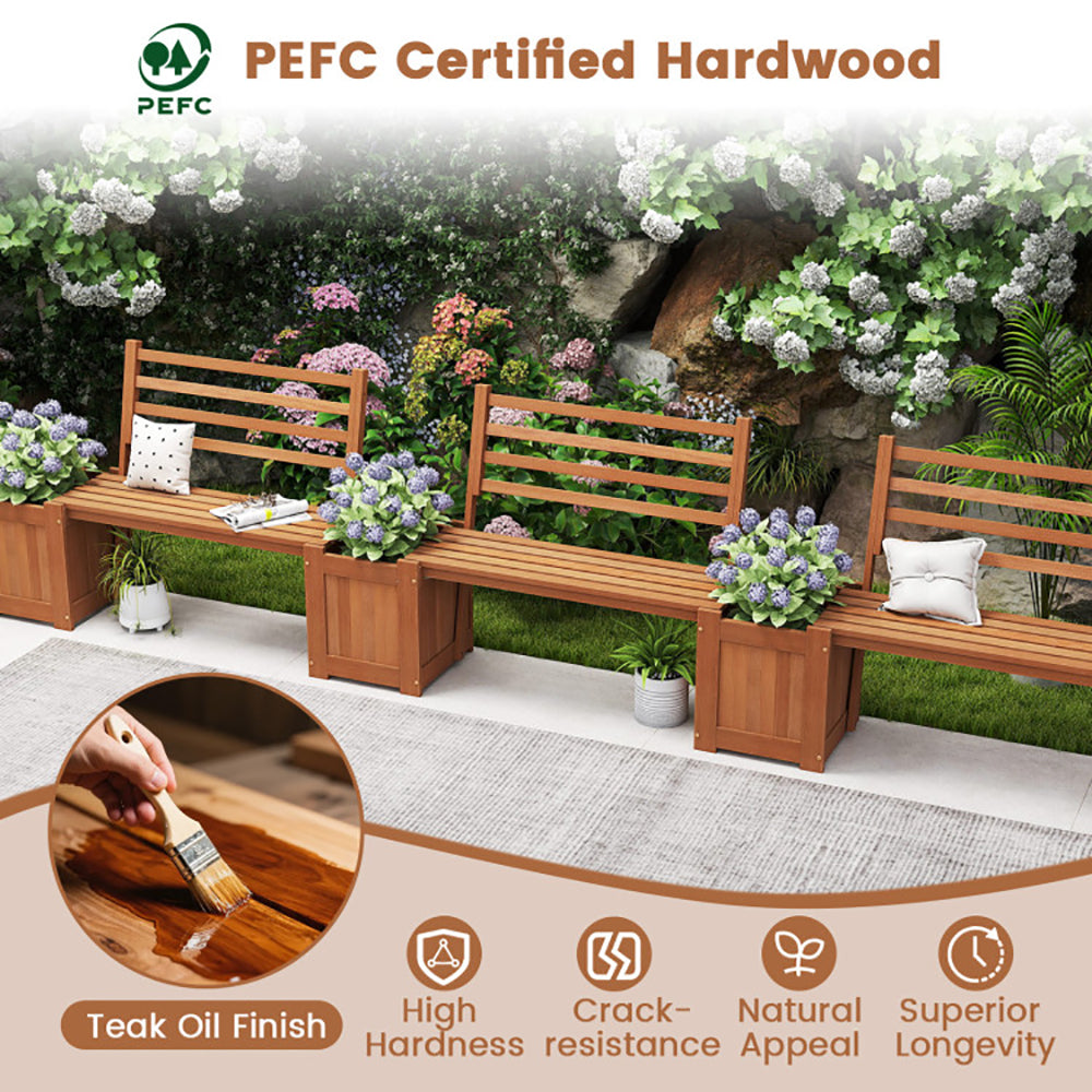 Outdoor Wooden Bench with Planter Boxes – 2-in-1 Hardwood Garden Bench, 330 lb Capacity