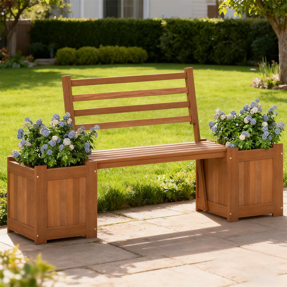 Outdoor Wooden Bench with Planter Boxes – 2-in-1 Hardwood Garden Bench, 330 lb Capacity