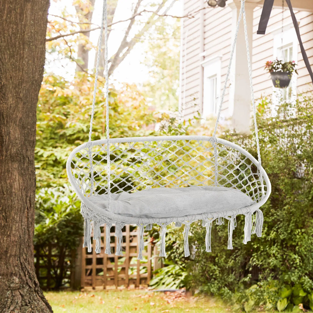 2-Person Hammock Chair Macrame Swing with Soft Cushion, Hanging Cotton Rope Chair for Indoor Outdoor Home Patio Backyard, Light Gray Smart Desion