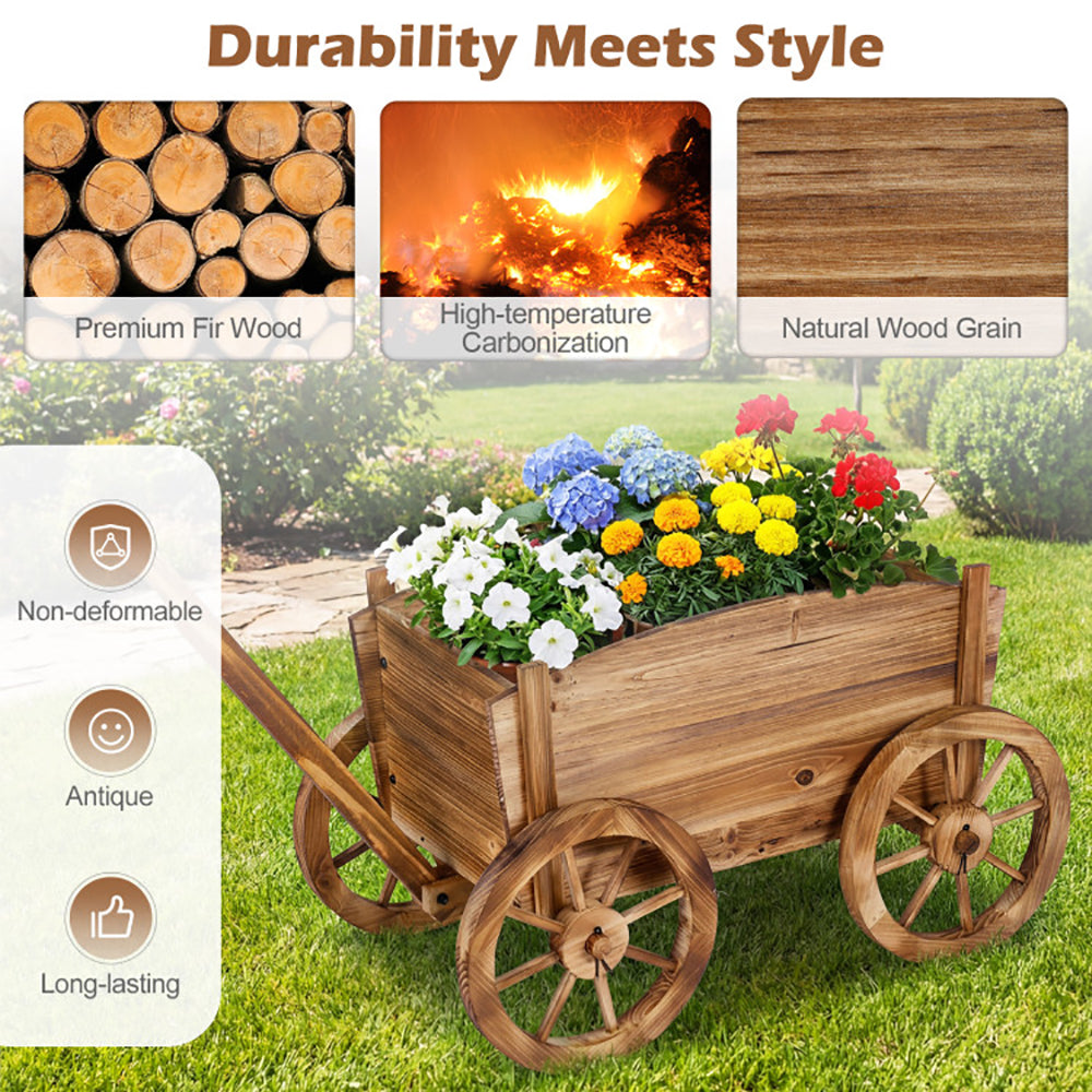 Rustic Rolling Flower Pot Stand – Fir Wood Wagon Planter with Wheels, Drainage & Handle