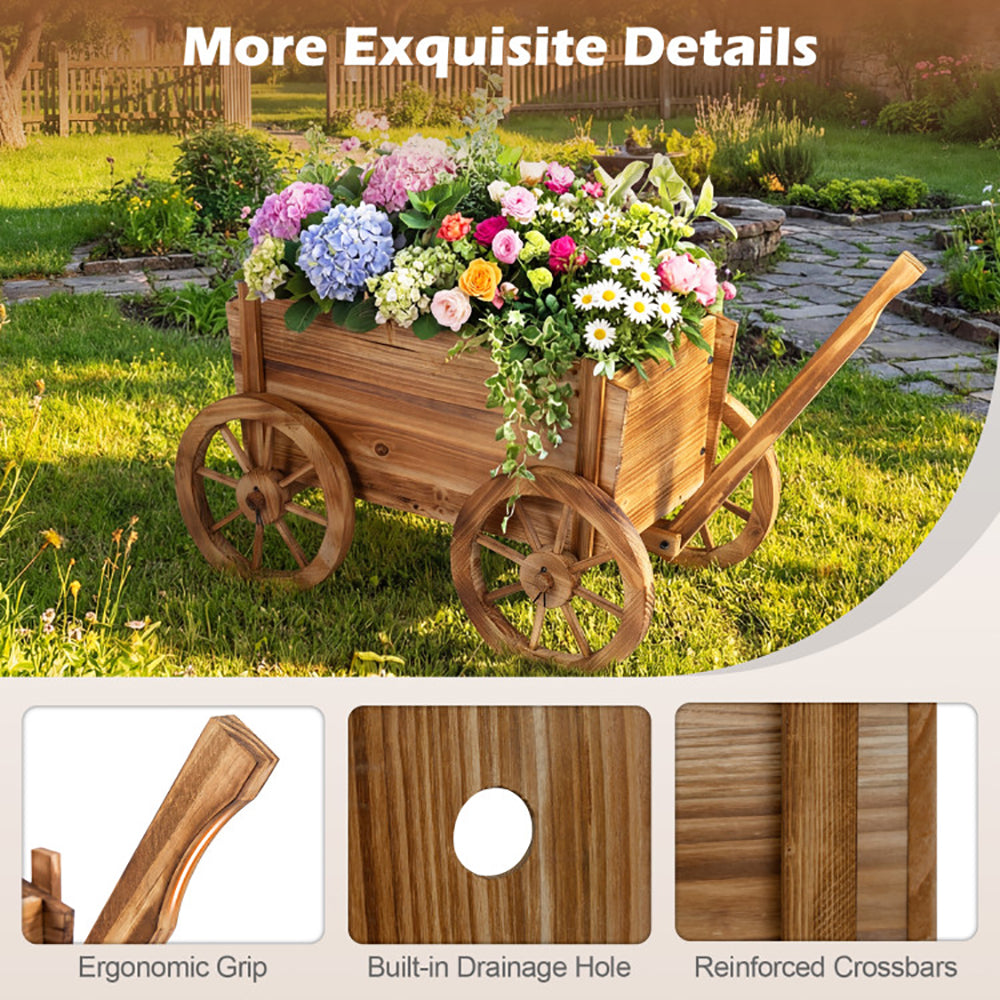 Rustic Rolling Flower Pot Stand – Fir Wood Wagon Planter with Wheels, Drainage & Handle