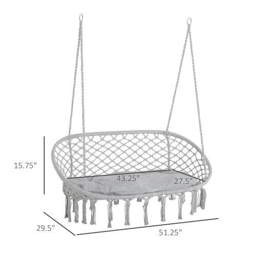 2-Person Hammock Chair Macrame Swing with Soft Cushion, Hanging Cotton Rope Chair for Indoor Outdoor Home Patio Backyard, Light Gray Smart Desion