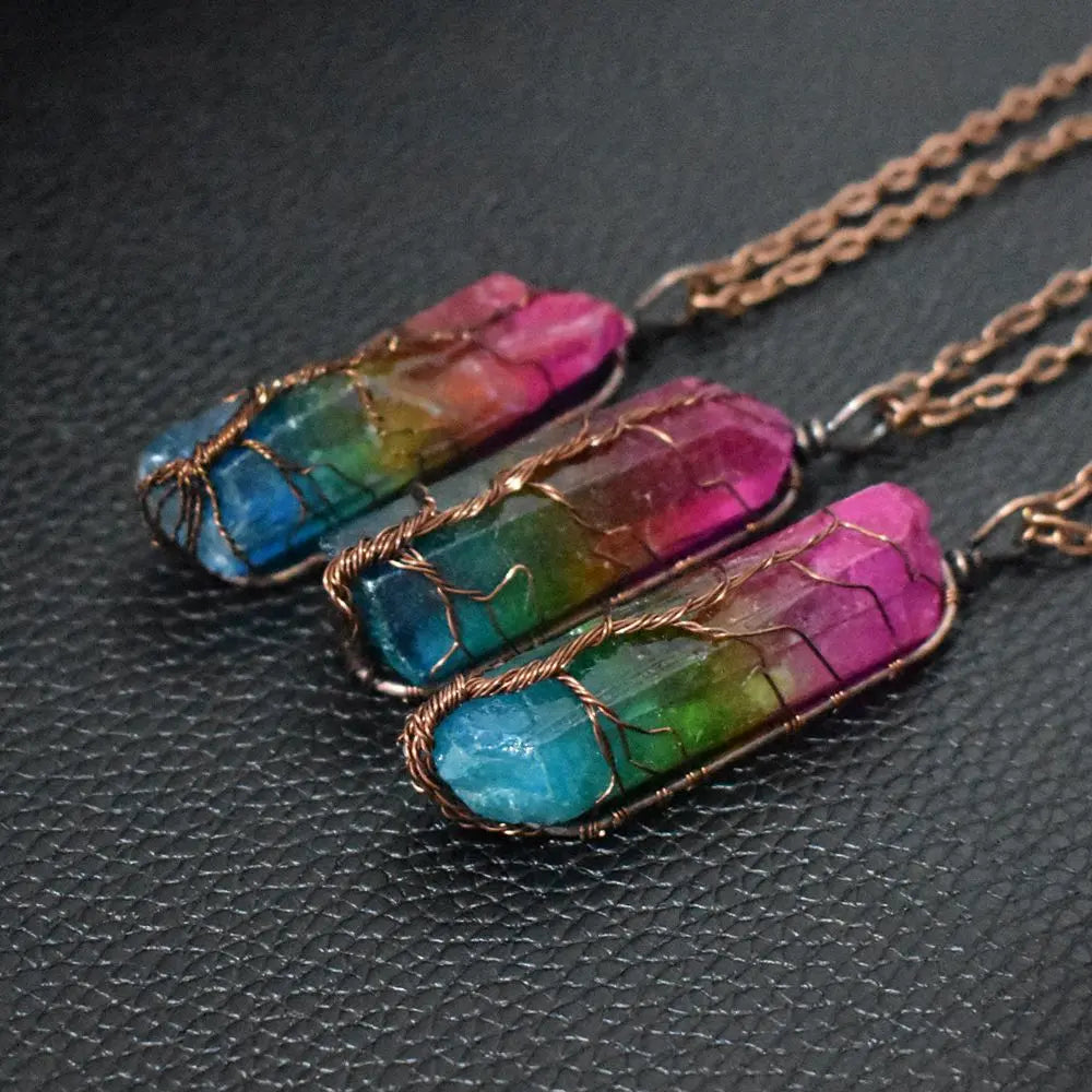 Hot Selling Stone Crystal Pillar Tree Of Life Pendant Ins Fashion Necklace Smart Desion
