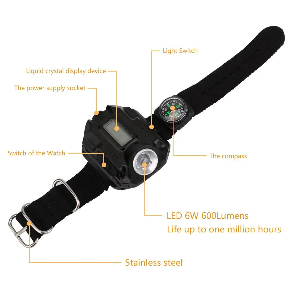 LED watch flashlight flashlight portable light USB charging 4 mode light tactical flashlight time display with compass Smart Desion