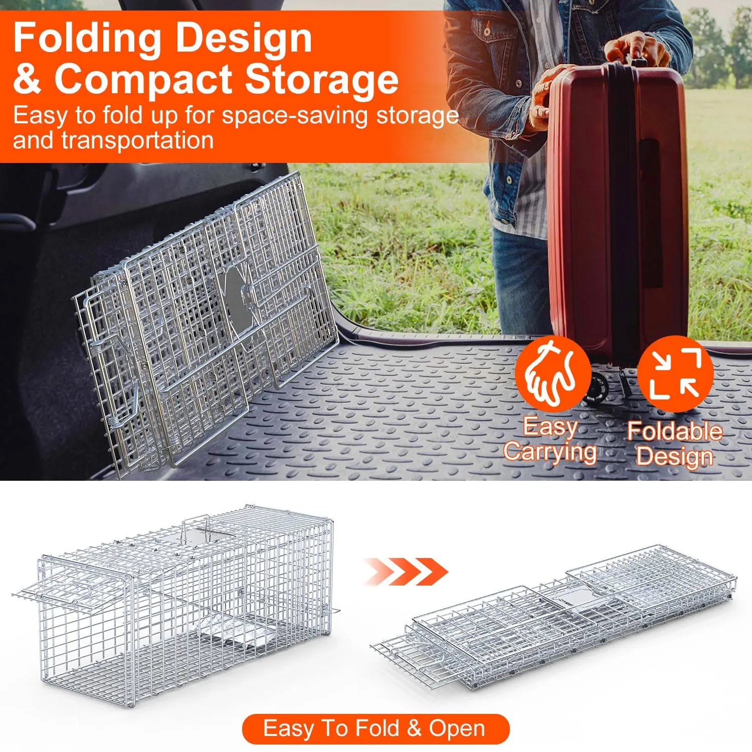 1Pc Live Animal Trap Cage 37x14x15in Folding Catch And Release Humane Cat Trap Galvanized Iron For Raccoons Foxes Coyotes Stray Dogs Armadillos Squirrels Smart Desion